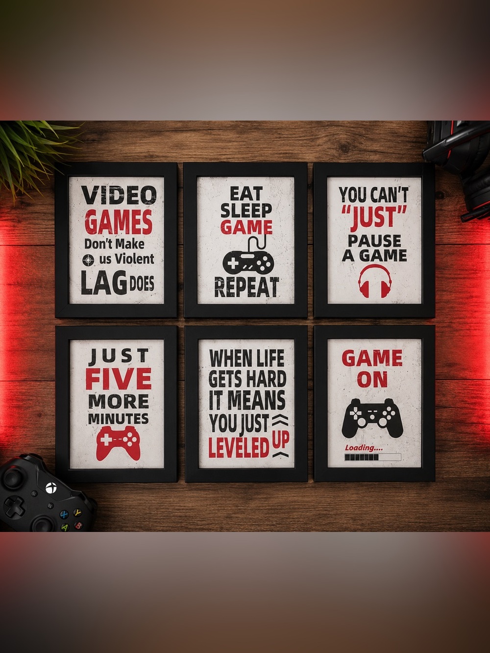 Eat Sleep Game Repeat Framed Wall Art - Black Frame Red & Black Print